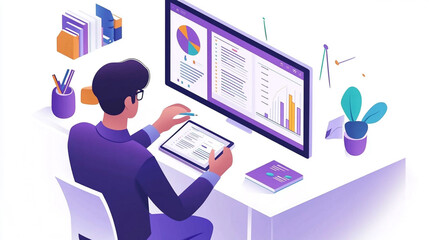 Fototapeta premium He analyzes business data on a tablet, preparing a report for the management team.