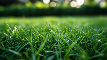 Naklejka premium A close up shot of green grass blades with blurred background in the bright outdoor sunlight.