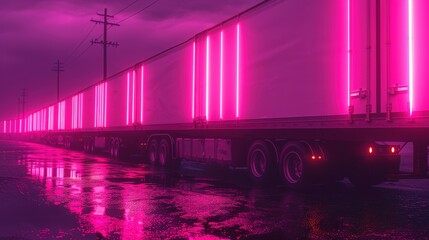 Long truck with bright pink neon lights reflecting on wet road under dark sky. Futuristic transportation technology concept. Electrified logistics with modern energy-efficient design.