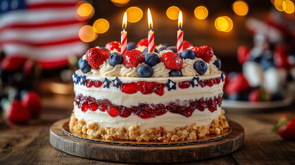 A patriotic cake decorated with red, white, and blue, with candles lit for Memorial Day celebrations. AI Generated Images