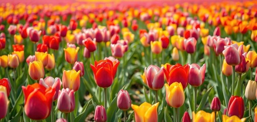Vibrant field of tulips blooming in Chernivtsi, Ukraine, orange, sunlight
