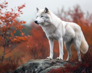 Fototapeta premium Majestic Arctic wolf stands on a rock against a backdrop of fiery autumn foliage. A breathtaking display of nature's beauty.