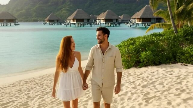 A couple enjoys a romantic walk along a sandy beach with clear turquoise waters and stunning mountains nearby