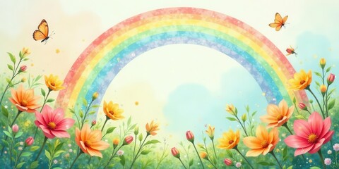 Fototapeta premium Vibrant Floral Meadow Scene with a Colorful Rainbow Arch and Delicate Butterflies Soaring Overhead