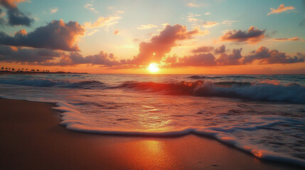 Fototapeta premium He captures a stunning sunset on the beach, with waves gently touching the shore.