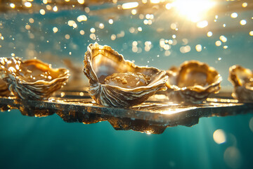 Oysters resting in clear water with sunlight creating shimmering patterns. Bubbles enhance peaceful marine environment. Concept aquaculture, shellfish farming, marine ecosystem