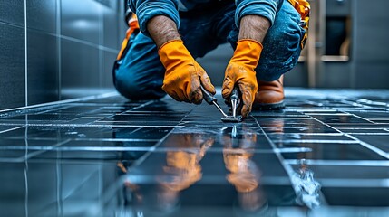 Obraz premium Worker installing tile floor in modern hallway