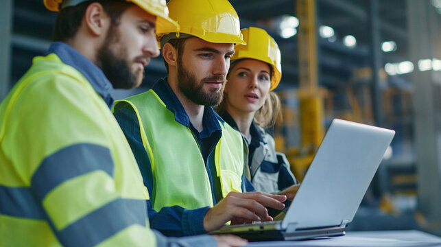 Engineers at Work: Three construction engineers collaborating intently, their focused expressions reflecting the intensity of their task.