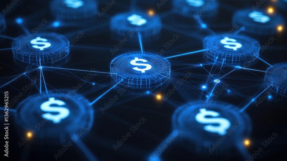 Poster global digital currency network, visual representation of interconnected financial transactions