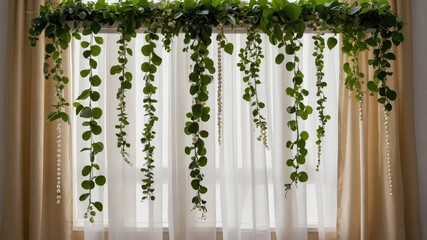 String of pearls and greenery hanging from window frame