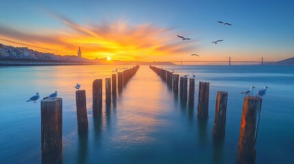 Fototapeta premium Vibrant sunset over calm bay, birds on pilings