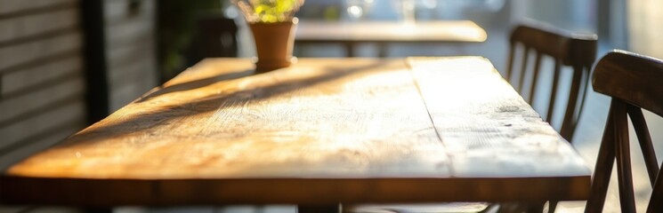Naklejka premium Beautiful sunlit wooden table in a cozy cafe, featuring a lovely potted plant. Perfect for creating a warm and inviting atmosphere for relaxation and conversation.