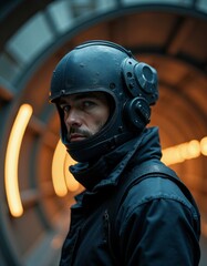 A man wearing a helmet and a black jacket