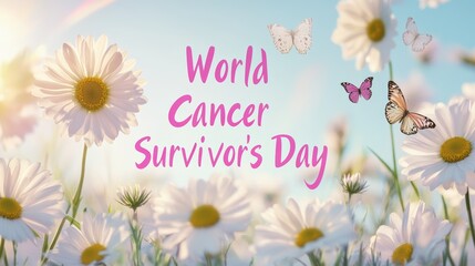 Bright daisy field with rainbow and butterflies honoring World Cancer Survivor’s Day with vibrant hope