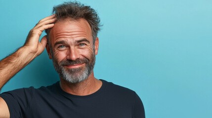 Happy Man with Wet Hair and Beard Smiling Against Light Blue Background