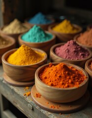 A variety of bowls filled with different colored powders on a table