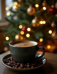 Fototapeta premium A cup of coffee sitting on top of a saucer next to a Christmas tree
