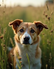 A brown and white dog sitting in a field of tall grass