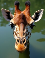  A close up of a giraffe's face in the water