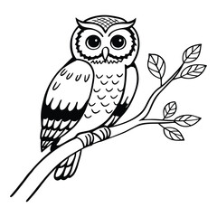 Obraz premium A cute brown owl bird with feather and wing is sitting on a tree branch in nature at night, a wise wild animal illustration