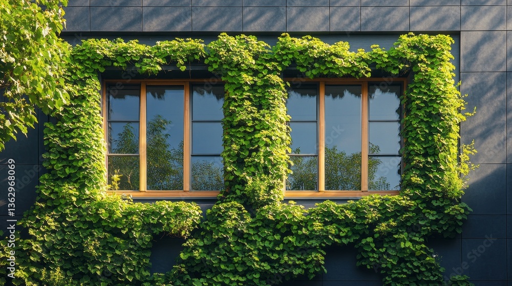 Poster vibrant green ivy cascades over sleek modern windows, creating a beautiful contrast against the urba