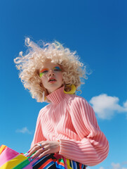 Fototapeta premium A beautiful girl in a pink sweater, with curly hair, a dreamy blue gaze, and soft makeup, embodies a style perfect for both spring and autumn.