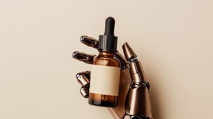 A sleek robotic hand holding a glass bottle with a dropper, symbolizing the fusion of AI and beauty industry innovation. Futuristic and minimalistic aesthetic. Generative AI.