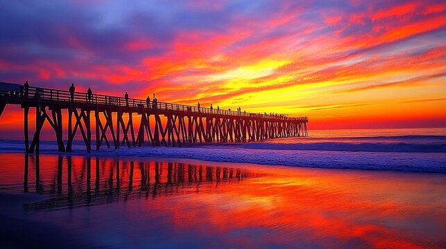 Vibrant sunset over ocean pier with silhouettes