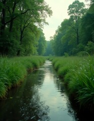 Obraz premium A small stream running through a lush green forest