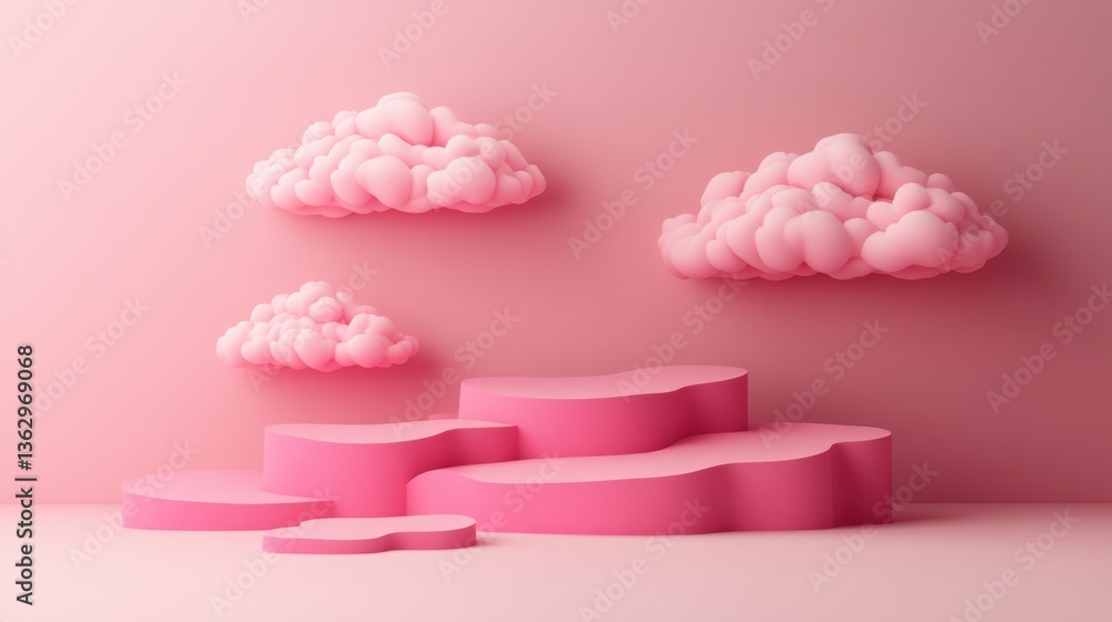 Aufkleber dreamy pink studio background with podium platform and fluffy clouds for product display and present