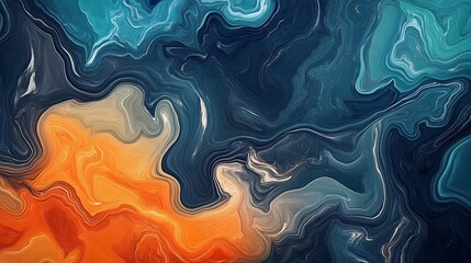 Obraz premium Fluid Abstract Digital Painting: Teal, Orange, and Blue Swirls AI Generated