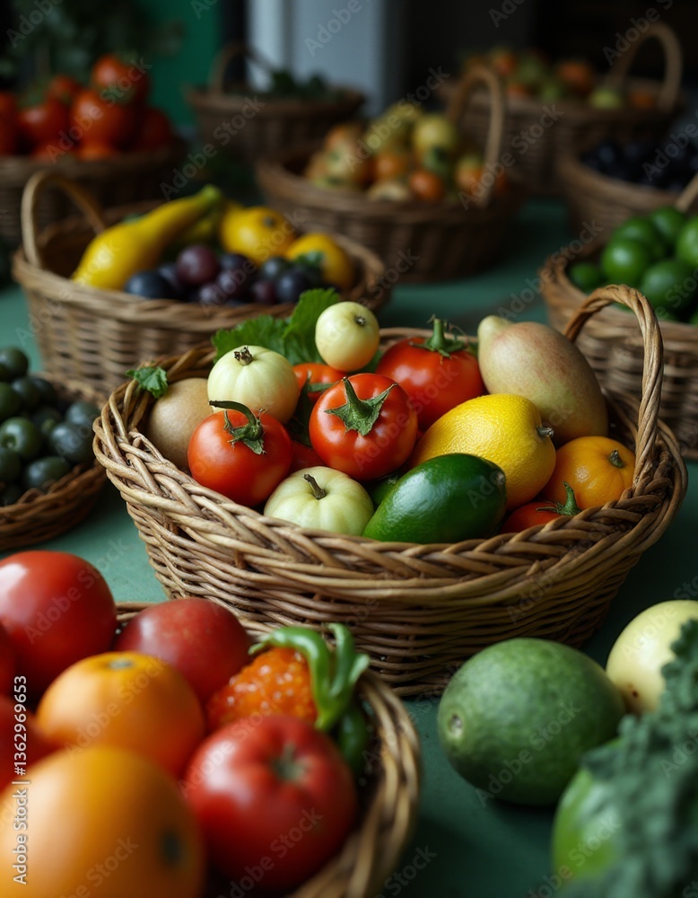 Poster a table topped with baskets filled with lots of different types of fruits and vegetables