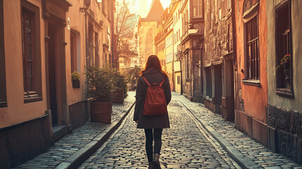 She strolls along a cobblestone street, admiring the historic buildings and local culture.