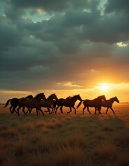 A herd of horses running across a field at sunset