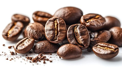 Naklejka premium Roasted coffee beans and ground coffee resting on white background
