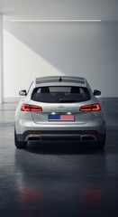 Rear View of a Modern Silver Car with American Flag License Plate