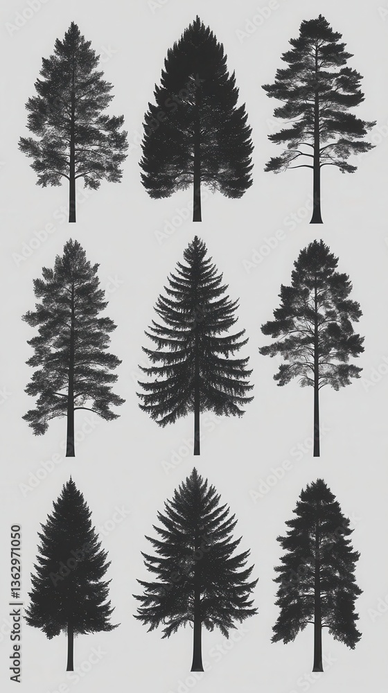 Poster nine coniferous tree silhouettes in a grid pattern against a light gray background representing fore