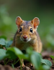 Obraz premium A small brown mouse sitting in the dirt and looking at the camera