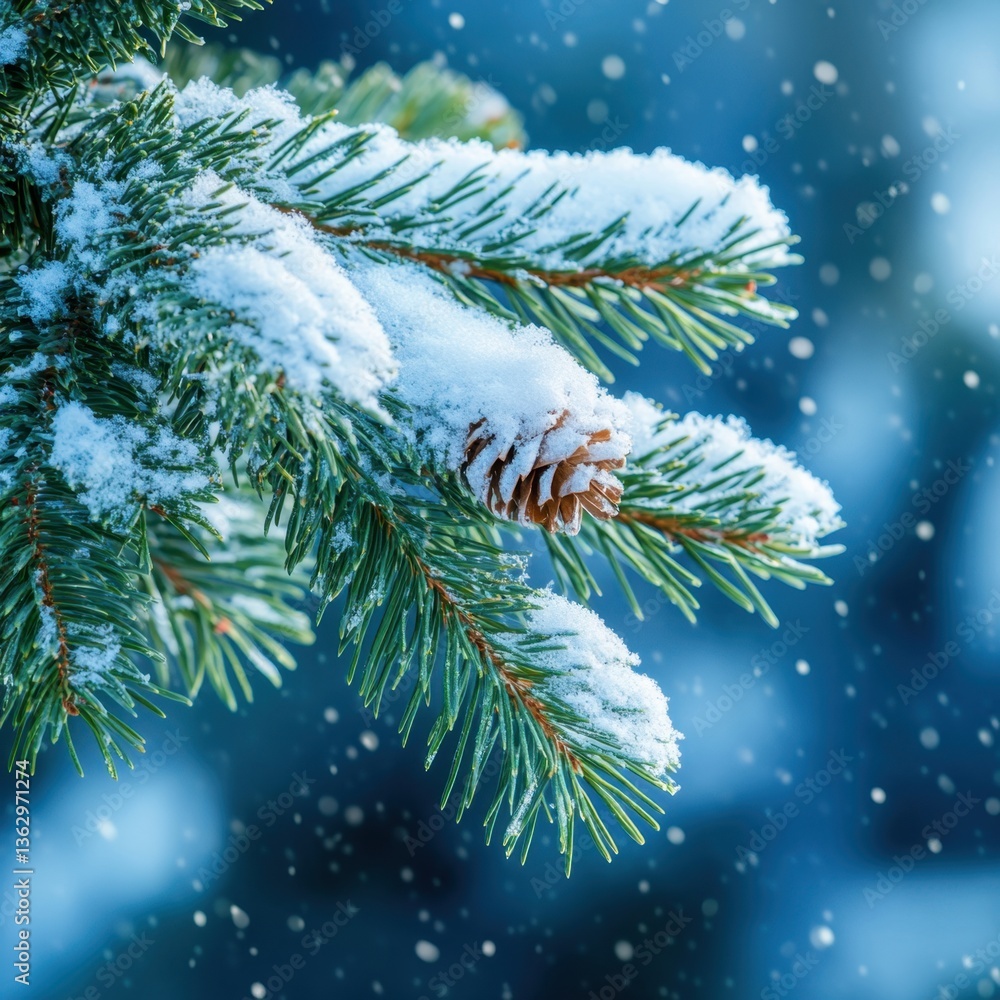 Poster serene winter scene of snow covered pine branch with cone against a soft blue bokeh background captu