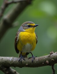 Fototapeta premium A small yellow bird sitting on a tree branch