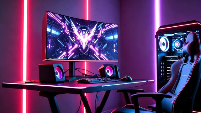 RGB gaming setup with desktop PC and ultrawide monitor in futuristic neon room
