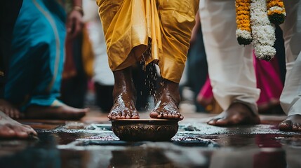 Hindu priest performing a religious ceremony with rice grains and a bowl