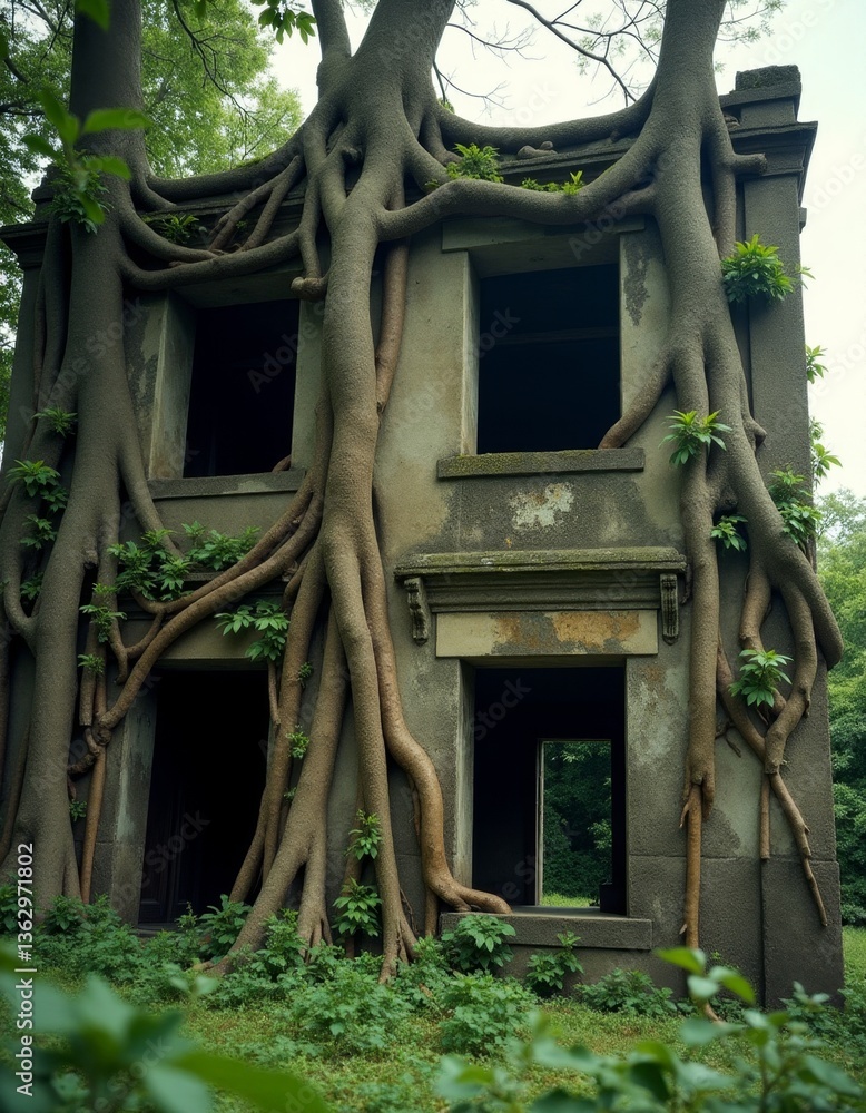 Poster a building with a tree growing over the side of it