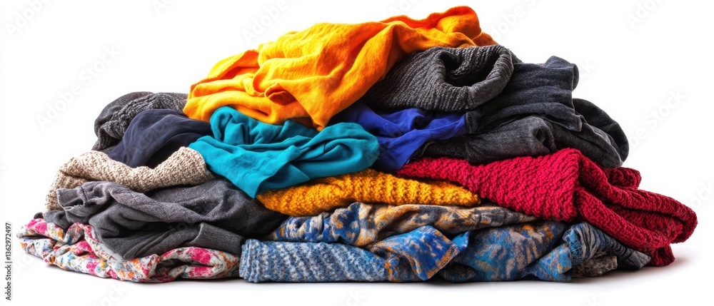 Poster vibrant pile of colorful clothes on white background showcasing diverse textures and patterns in a b
