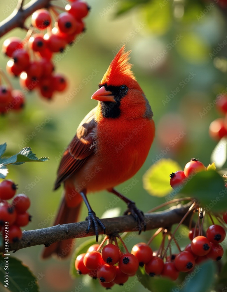 Poster a red bird sitting on a branch of a tree with red berries