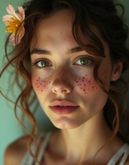 Fototapeta premium A young woman with freckles and a flower in her hair