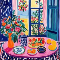 Still life with flowers and fruit before an open window