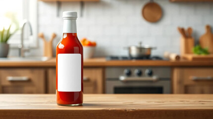 Mockup of plain red sauce bottle  bottle with white cap and blank label on wooden table  kitchen background