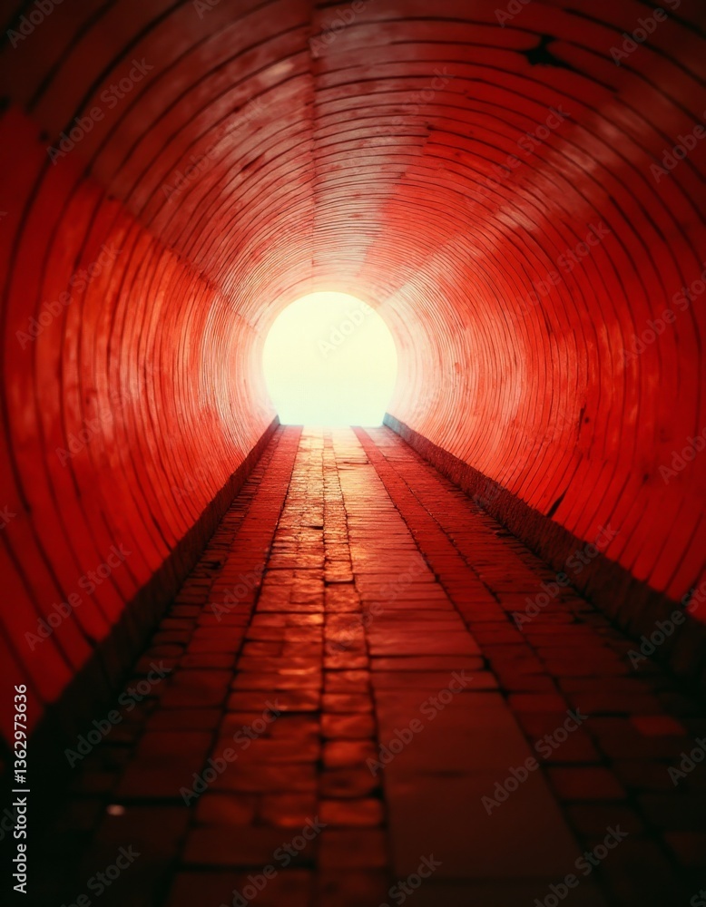 Poster a red tunnel with a light at the end of it