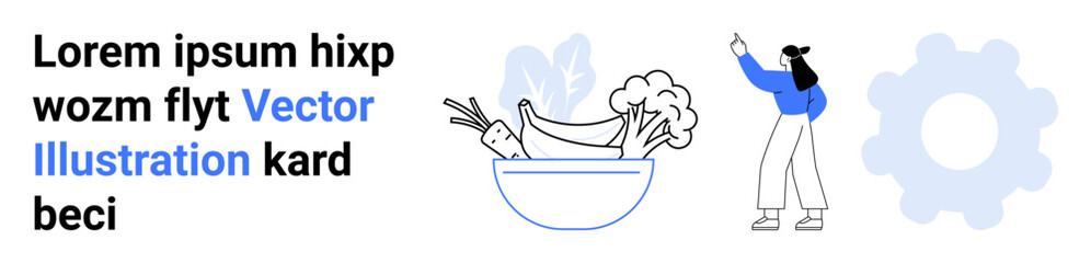 Woman gesturing toward a gear, bowl of fruits and vegetables showcasing healthy lifestyle, lorem text design. Ideal for wellness, lifestyle, technology, innovation, design, productivity simple